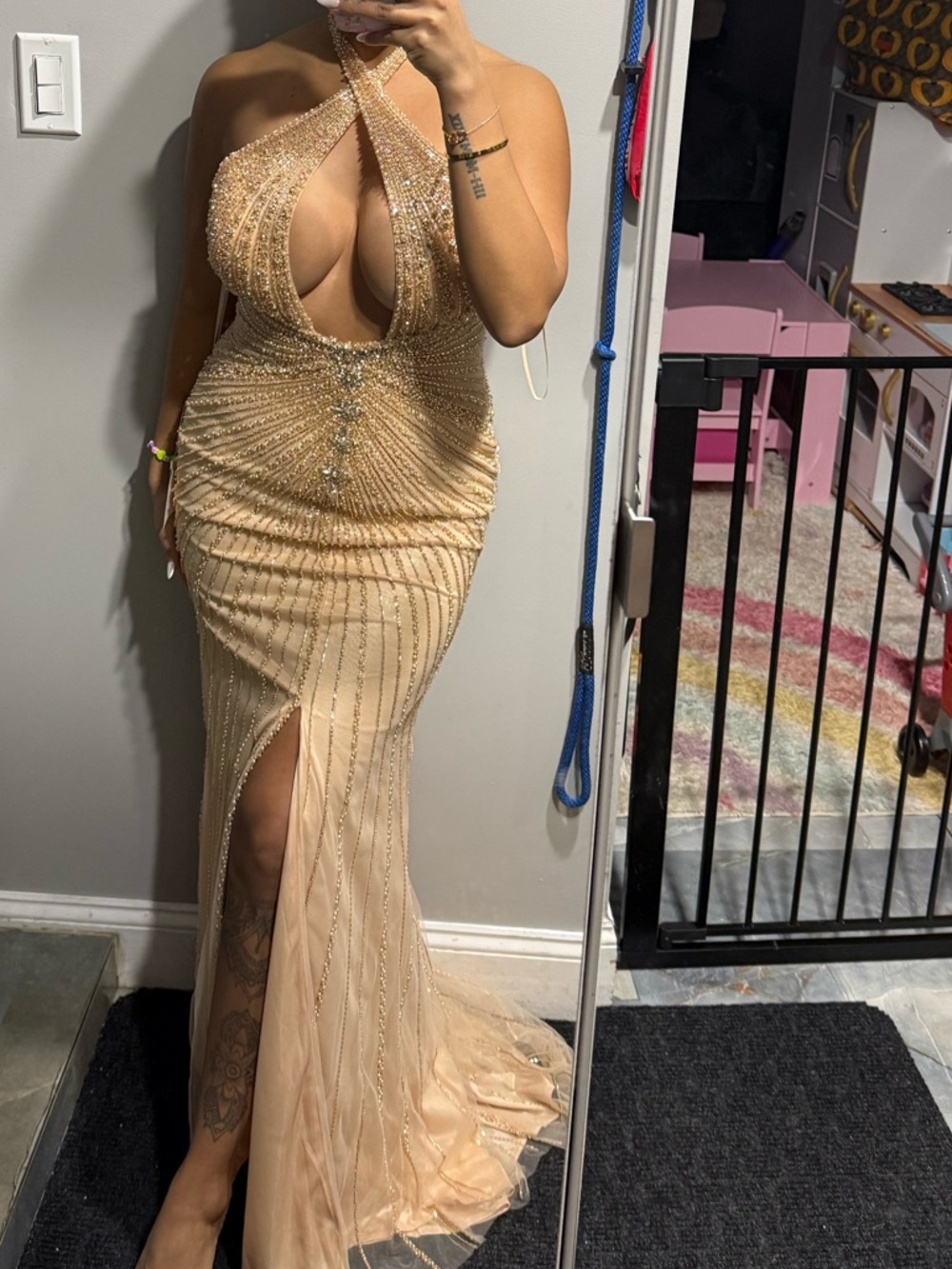Ladivine Beaded Halter Evening Gown in Champagne - Picture 2 of 2